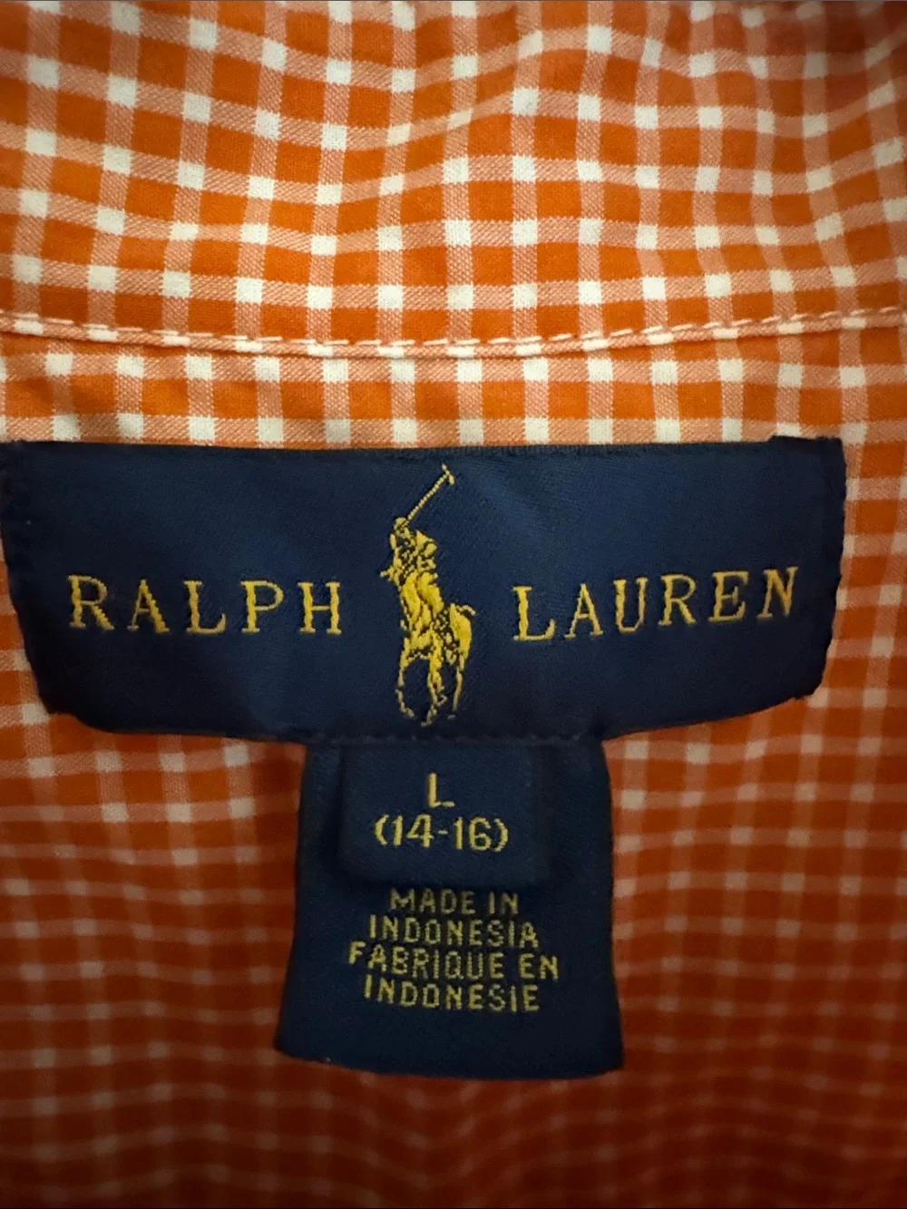Boys Ralph Lauren Orange and White Gingham Button-Down with Navy Pony size 14/16